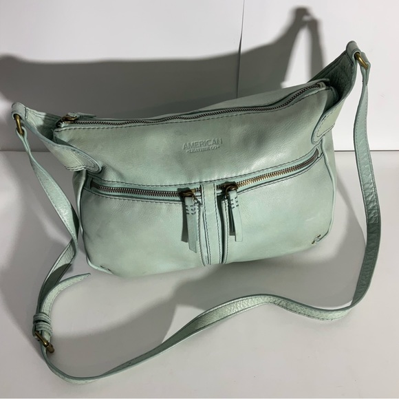 American Leather Company Leather Hanover Mint Green Two Front Zip Pockets Bag - Picture 5 of 15